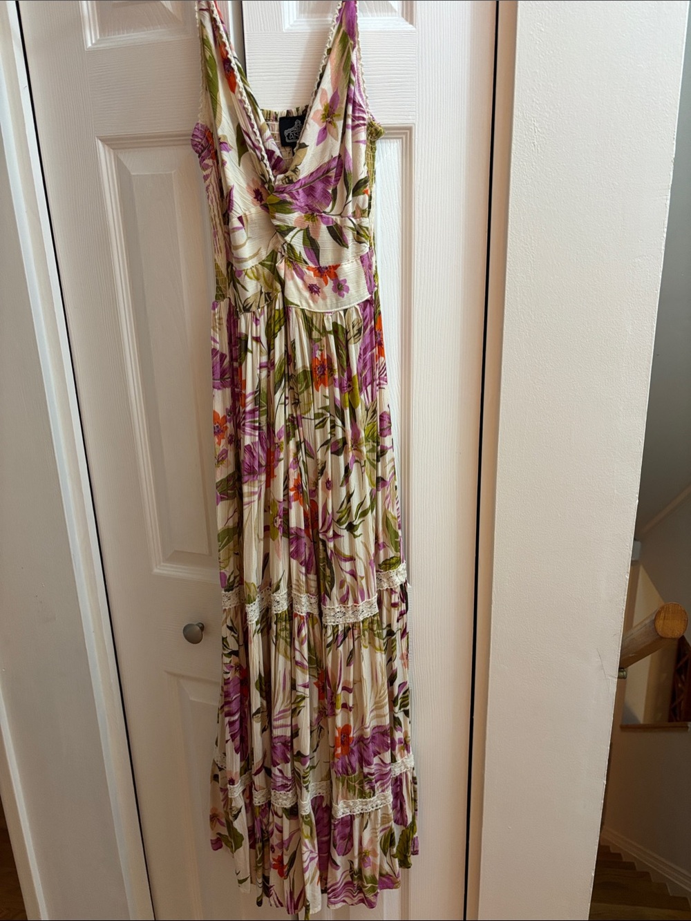Angie Cream Maxi Dress with Purple & Green Floral Print